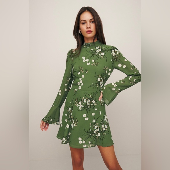 Reformation Persis Dress in Lomita Green Floral Mockneck Long Sleeve Size 2 - Picture 1 of 16